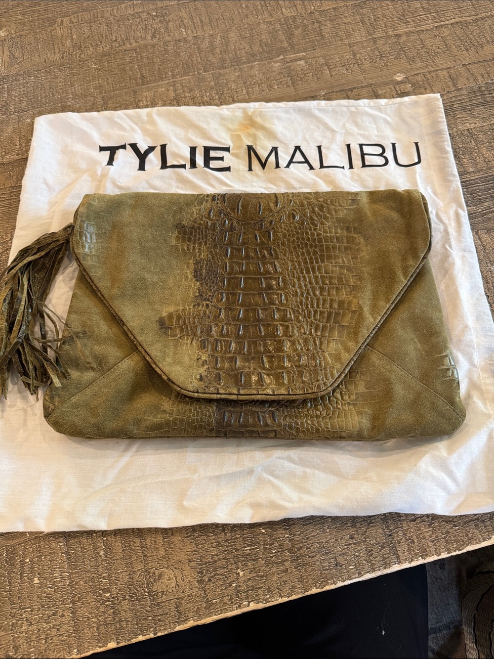 Tylie Malibu Olive Croc-Embossed Suede Tassel Envelope Clutch